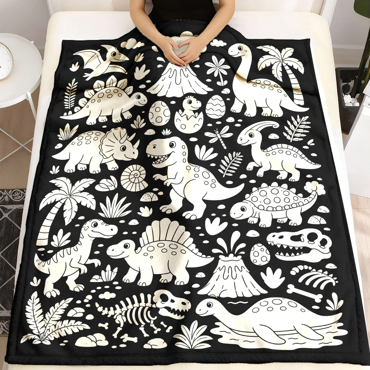Dinosaur Print Throw Blanket Black Background Cute Jurassic Theme Nursery Decor Baby Kids Gift