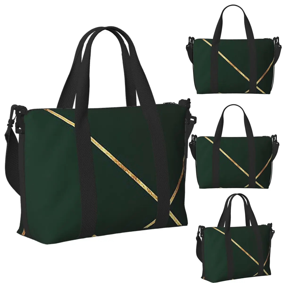 

Minimalist Dark Green And Gold Lin Beach Travel Bag Large Capacity Tote Bags for Gym Yoga Women Shopping Duffle Shoulder Bag