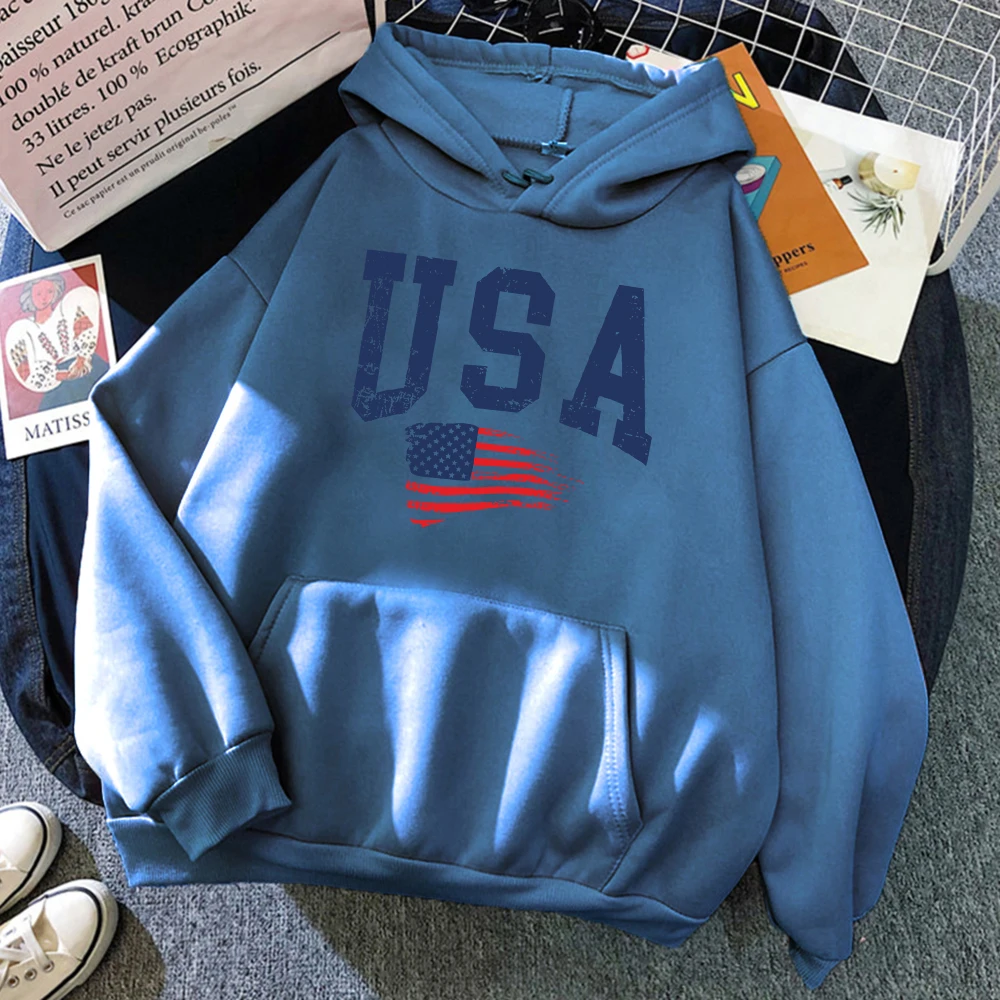 USA Fluttering National Flag Design Hoodie Women Creative Loose Hoody Crewneck Casual Streetwear Comfortable Female Sweatshirts