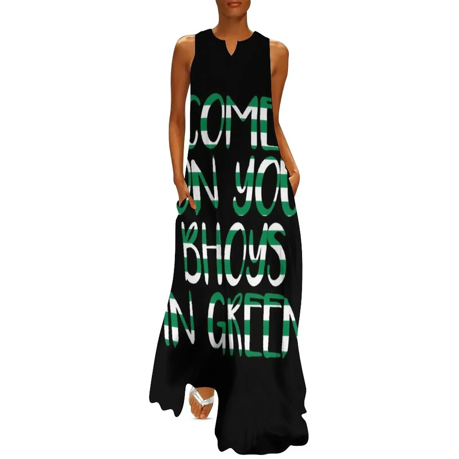 

COME ON YOU BHOYS IN GREEN, Glasgow Celtic Football Club Green and White Text Design Long Dress womens clothing Dress