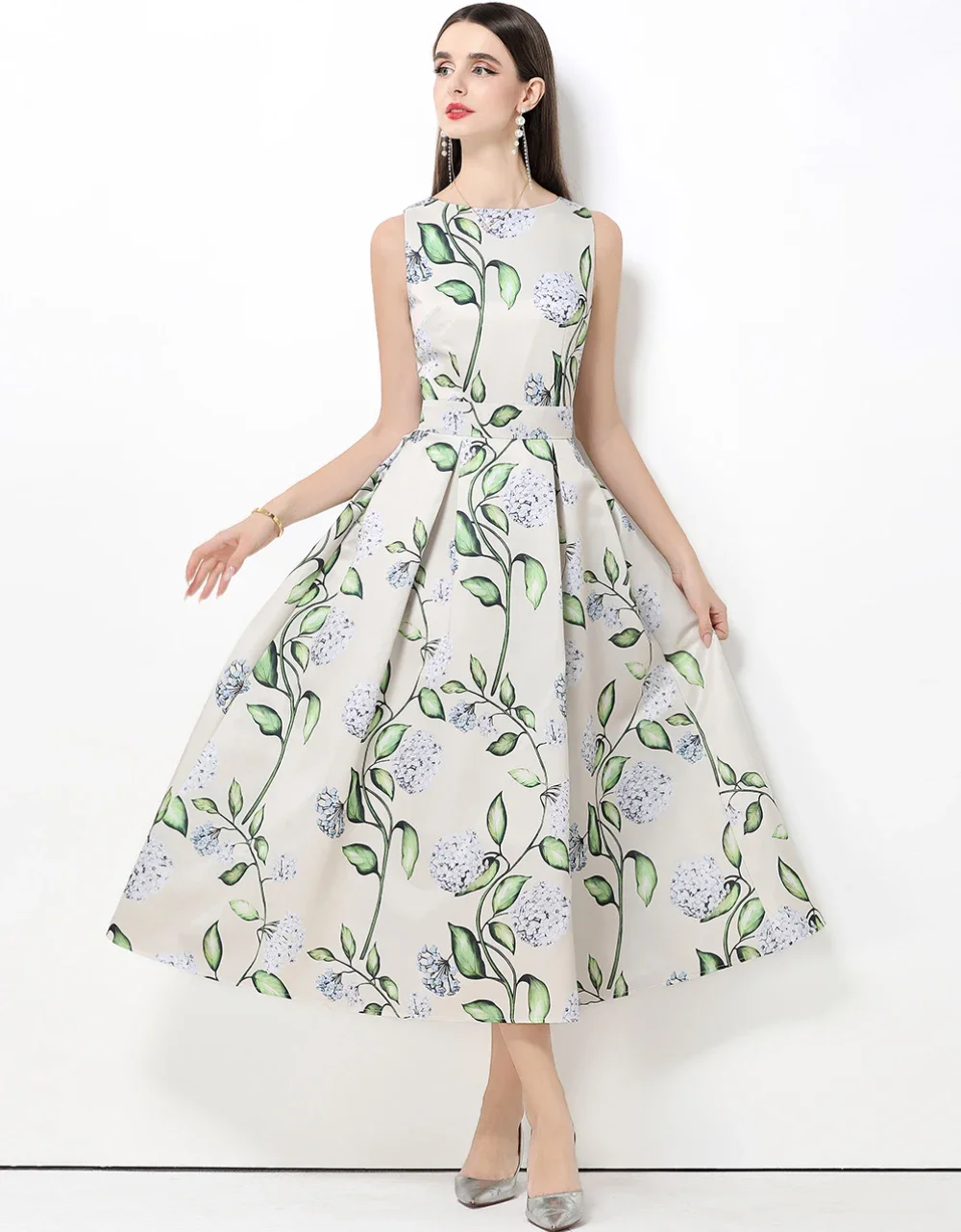 Moda senza maniche O-Collo Abiti per le donne Vita alta Stampa Slim Abito da donna A-LINE Abito da donna Abiti De Verano Mujer Q1963