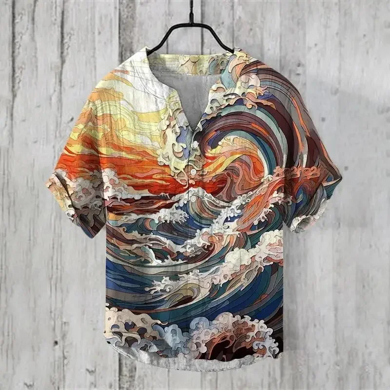 Beach Sunset Scenery Tree and Armor Walker Hawaiian Print Short sleeved Shirt with S-5XL