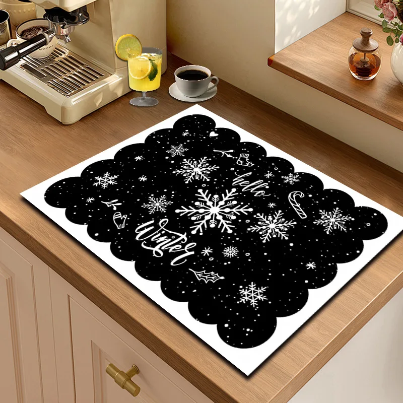 Christmas Kitchen Mat Super Absorbent Dish Drying Mats Carpet Non Slip Coffee Rug Drain Pad Countertop Protector Xmas Room Decor
