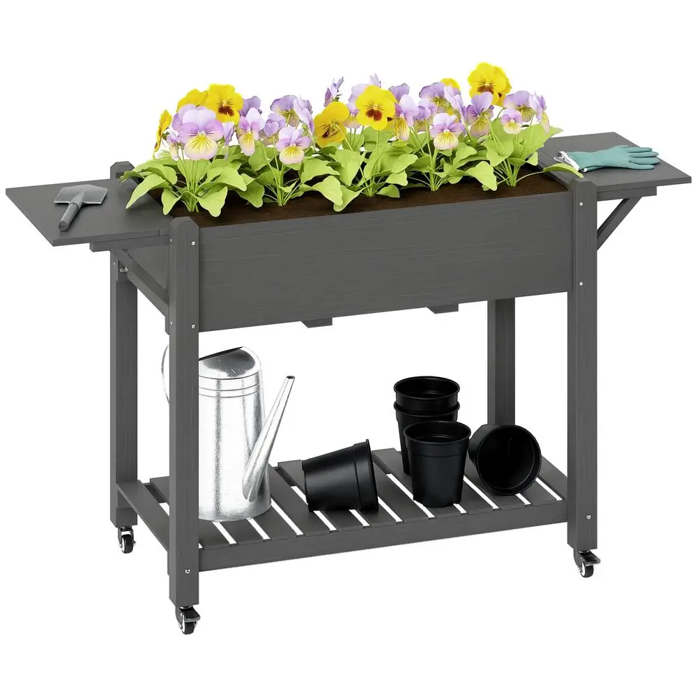 

Raised Garn Bed, 57 x 20.5 x 34 in Wood Elevated Planter Box with Lockable Wheels, Si Tables and Bottom Shelf, Outdoor Rais