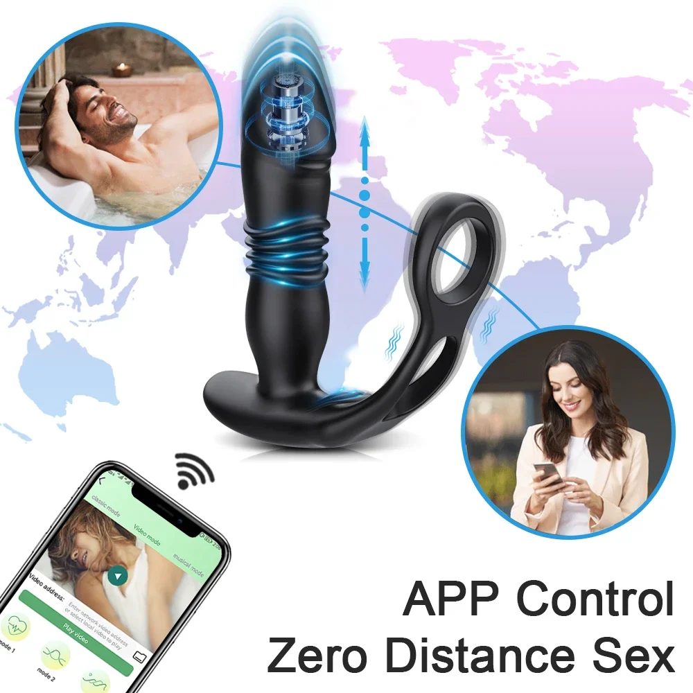 Tapón Anal de empuje para hombres, masajeador de próstata, aplicación, vibrador Anal, tapón Anal vibratorio telescópico, estimulador de próstata, juguete sexual para hombres