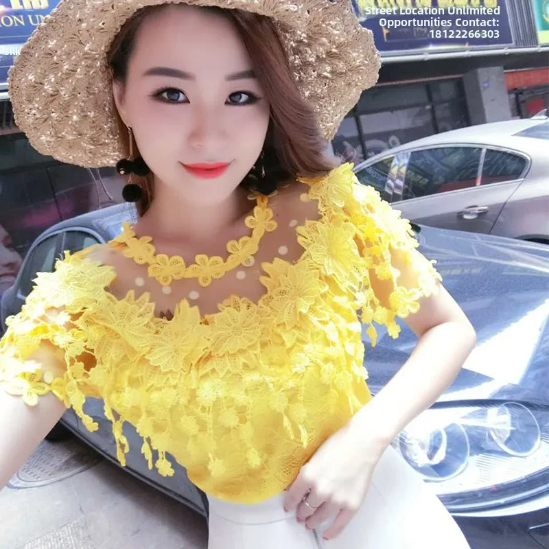 

Sweet Style Lace Shirt Women's Summer New Short Sleeve Hollow out Bordered Sexy Top Base Shirt Fashionable Trendy Small Shirt