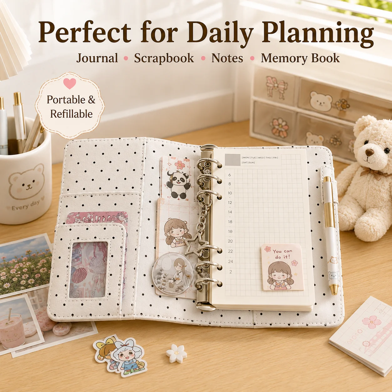 A6 Portable Journal Book 6 Ring Binder Notebook Polka Dot Cloth Loose Leaf Planner Scrapbook Journal Photo Album School Gift - view 5