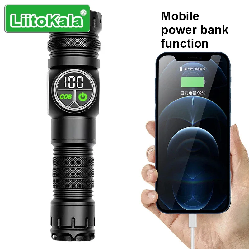 LiitoKala ดิจิตอลจอแสดงผลไฟฉาย COB ด้านข้างใช้งานร่วมกับ 18650/26650 แบตเตอรี่มือถือยุทธวิธีหลอดไฟ LED
