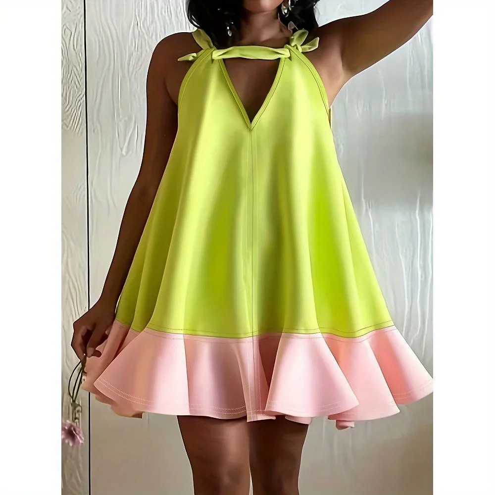 

Green Sleeveless Deep V Neck Tie A-Line Holiday Everyday Outings Ruffle Hem Mini Dress