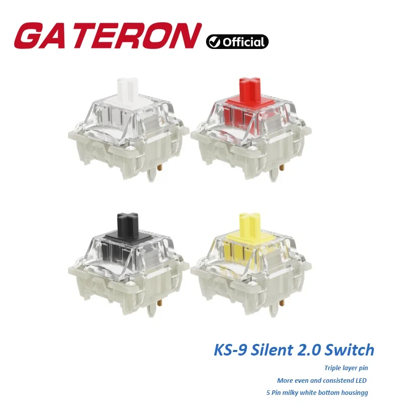 Przełączniki GATERON KS-9 Silent 2.0, 5-pinowe, liniowe, żółte, czerwone, czarne, białe, RGB SMD, DIY, hotswap, 35 sztuk w opakowaniu, do klawiatur mechanicznych.