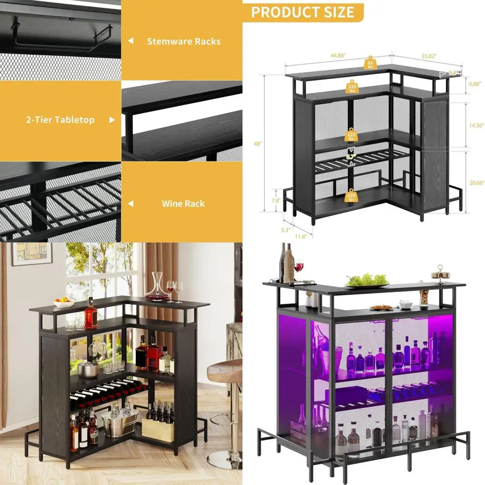 Unità bar a forma di L controllata a LED con tavolo per liquori a 4 livelli, portabottiglie, contenitore e portabicchiere per cucina pub in nero