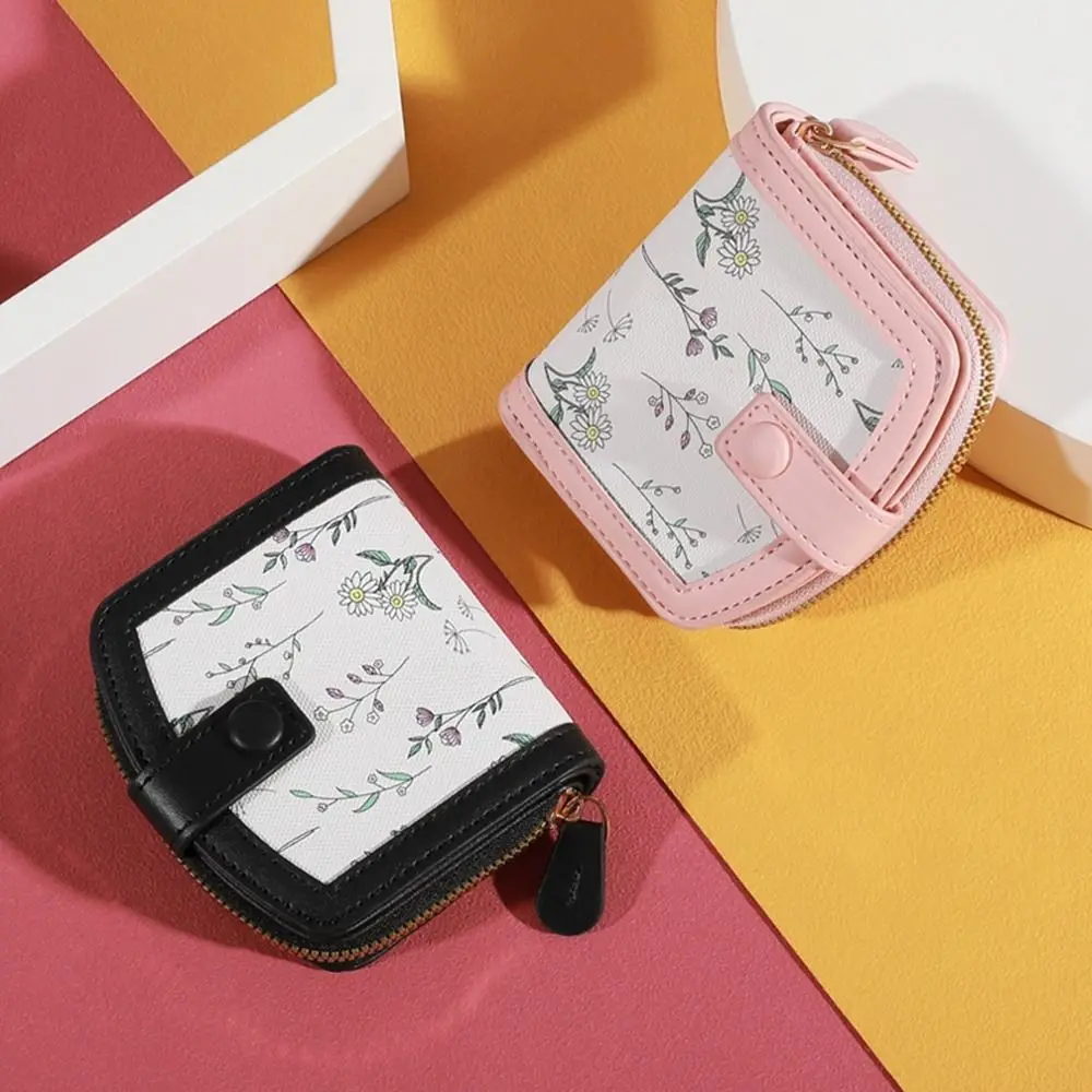 Fashion PU Leather Short Wallet Multi-Cards Lightweight Zipper Coin Purse Large Capacity Cute Flowers Women Wallet