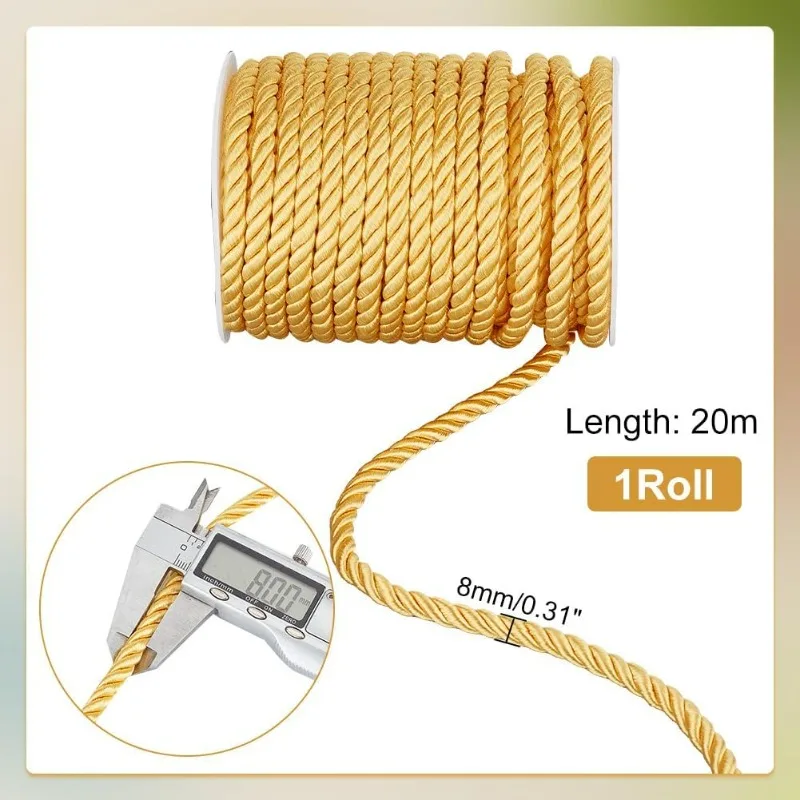 8mm 21.9 Yards Twisted Cord, 3-Ply Braided Cord with Spools, Twisted Satin for Gold Decorations, Christmas Decorative Cords