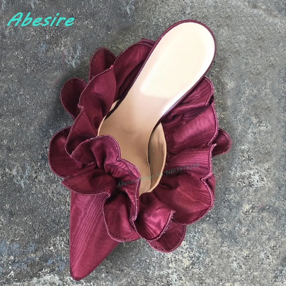 

Pink Ruffle Patchwork Mule Slippers Shallow Slip On Pointed Toe Thin Heels Shoes for Women Y2K Spicy Girls Party Fashion Shoes