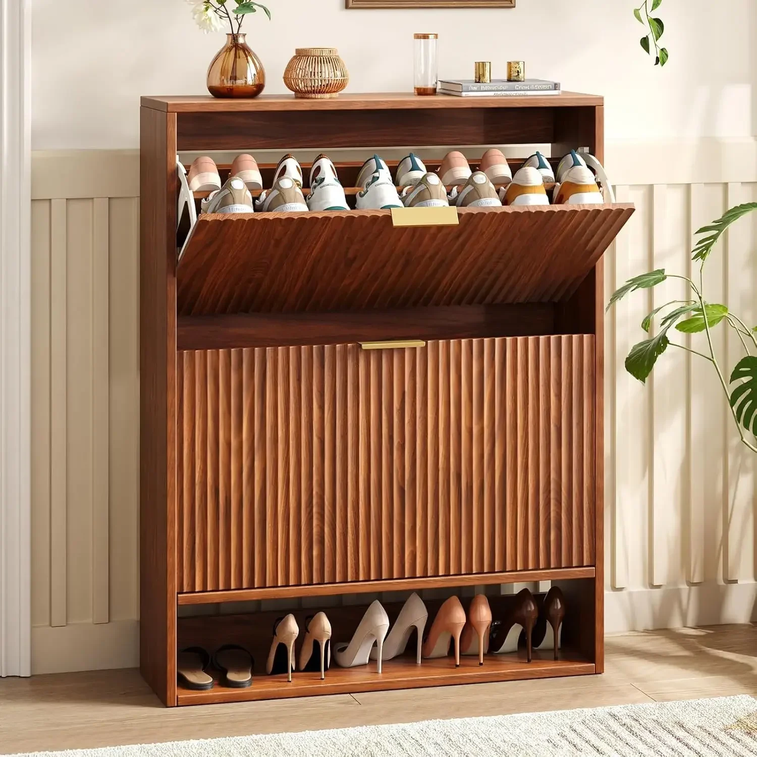 

[Limited Stock!][New Arrival!]31.5''W Walnut Shoe Storage Cabinet for Entryway with 2 Flip Drawers, Narrow Wood Fluted Shoe Rack