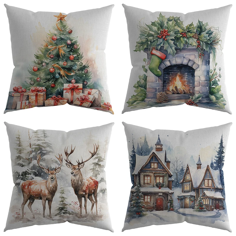 

Christmas Pillowcase Watercolor Elk Snowman Tree Fireplace Printed Sofa Cushion Cover New Year Home Decor