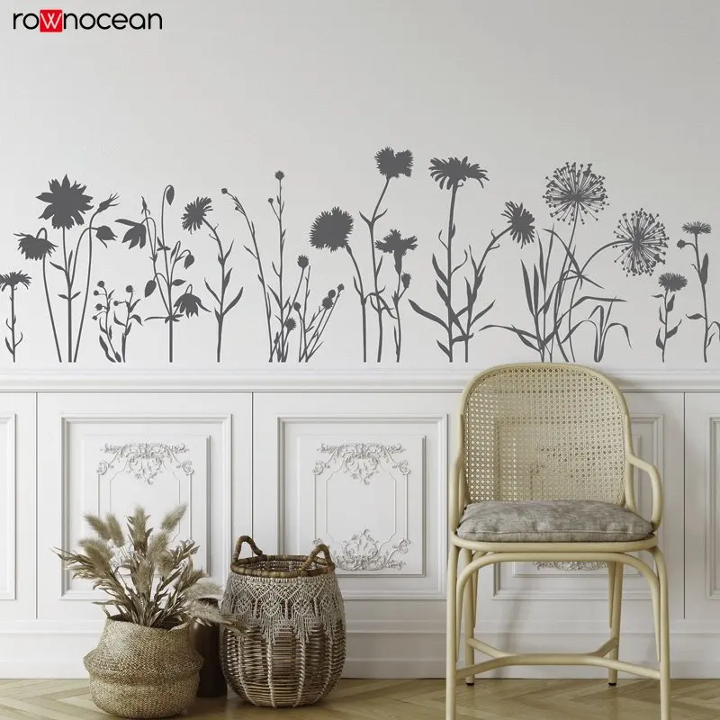 Large Wildflowers Wall Decal, Floral Wall Decal, Handdrawn Flowers Wall Sticker, Garden Decor for Living Room Nursery E786