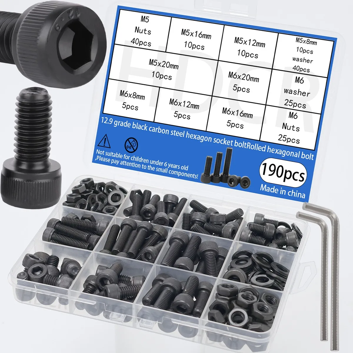 190pcs 12.9 Black Hex Socket Head Screws, Bolts, Nuts, Washers Set, M5 M6 Heavy Duty Fasteners for Industrial Use
