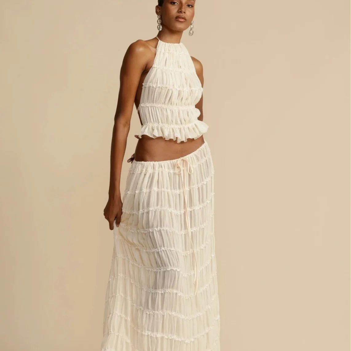 

Women Vavation Backless Hanging Neck Strap Drawstring Chiffon Long Skirt Two-piece Set Halter Holiday Outfits Womens Suits