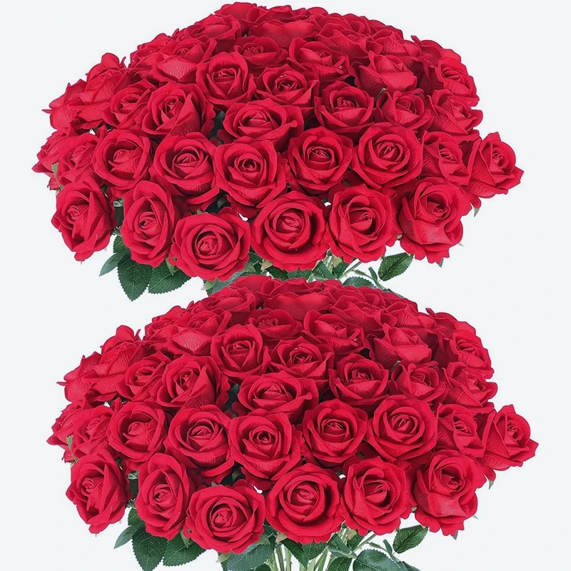 

Artificial Roses Velvet Flowers with Long Stem Fake Roses Bouquet DIY for Home Wedding Decor 50 PCS