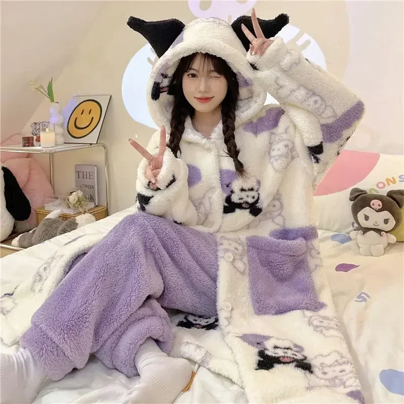 MINISO Kuromi Anime Kawaii Kuromi Long Sleeve Jacket Pajamas Cute Cartoon Winter Coral Velvet Thick Hooded Homewear Clothing Toy