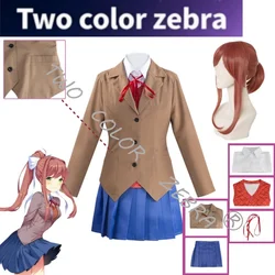 Doki Doki Literature Club Monika Cosplay Outfit Brown Blazer Shirt Ribbon Tie Vest Blue Skirt JK School Uniform for Women Cos