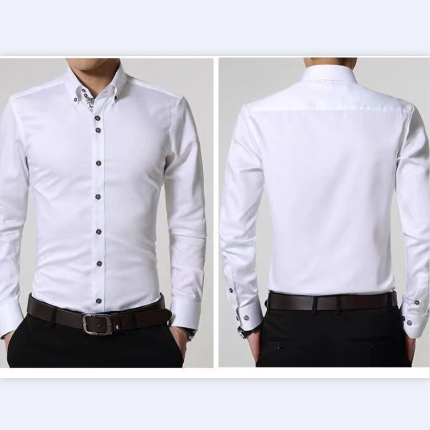 Blue and White Porcelain Collar Dress Shirt for Men,2024 New High Quality Cotton Long Sleeves Men\'s Business Slim Fit Shirts