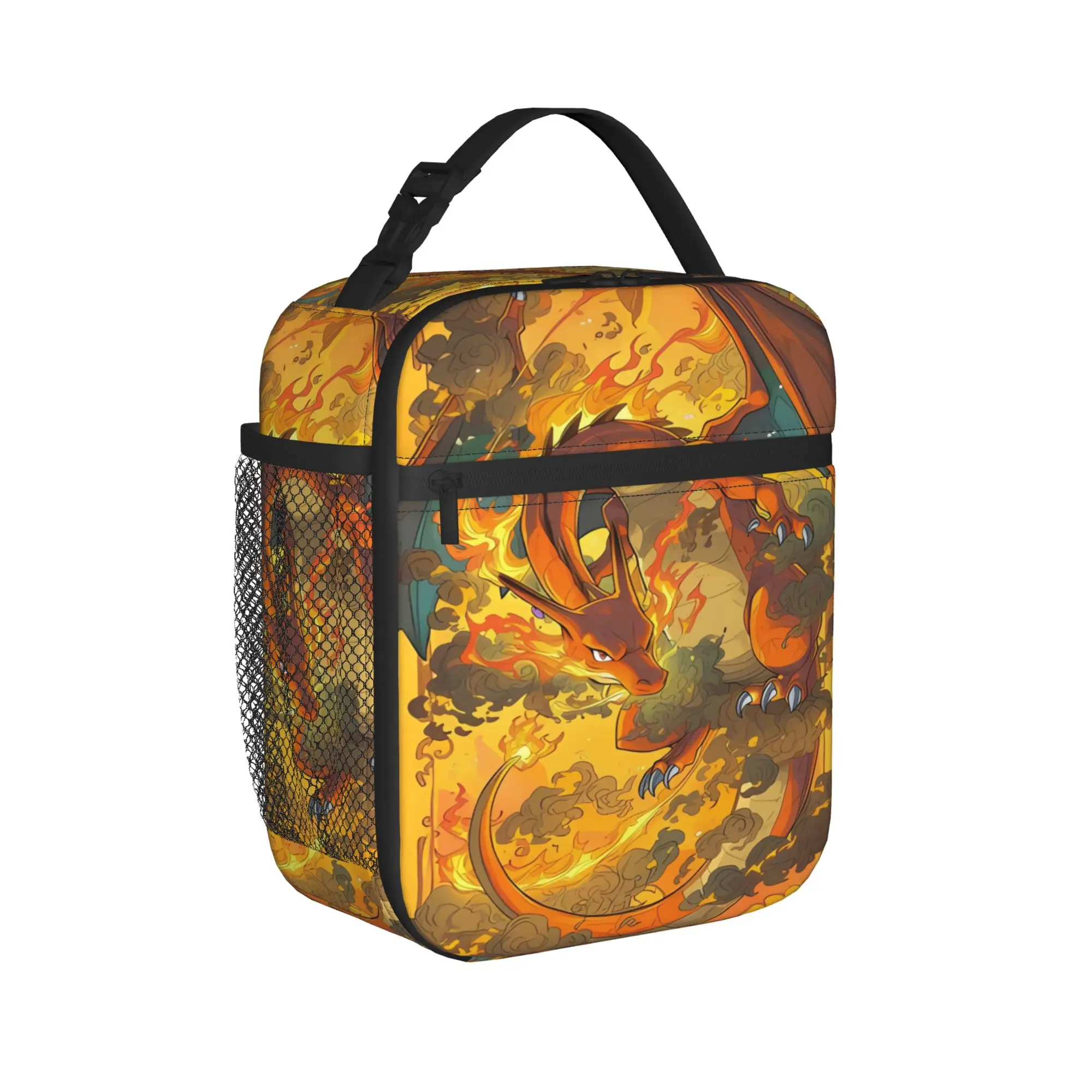 Charizard Golden Aura Anime Lunch Bag Picnic Portable Zipper Lunch Box For Women  Oxford Graphic Design Cooler Bag
