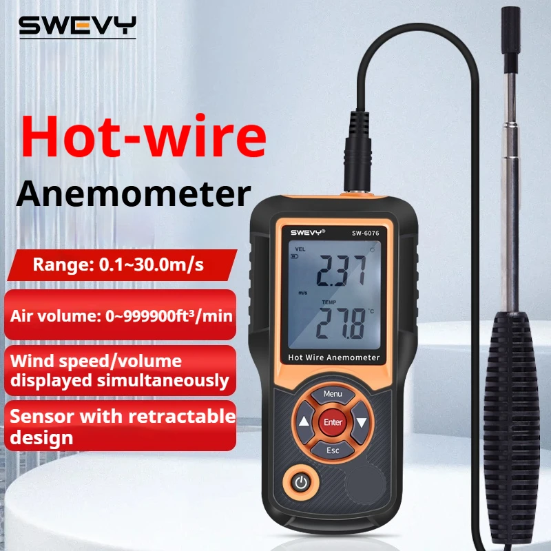 SWEVY SW6076 LCD Thermal Anemometer High-Precision Handheld Industrial Hot-Wire Temperature And Airflow Measuring Instrument