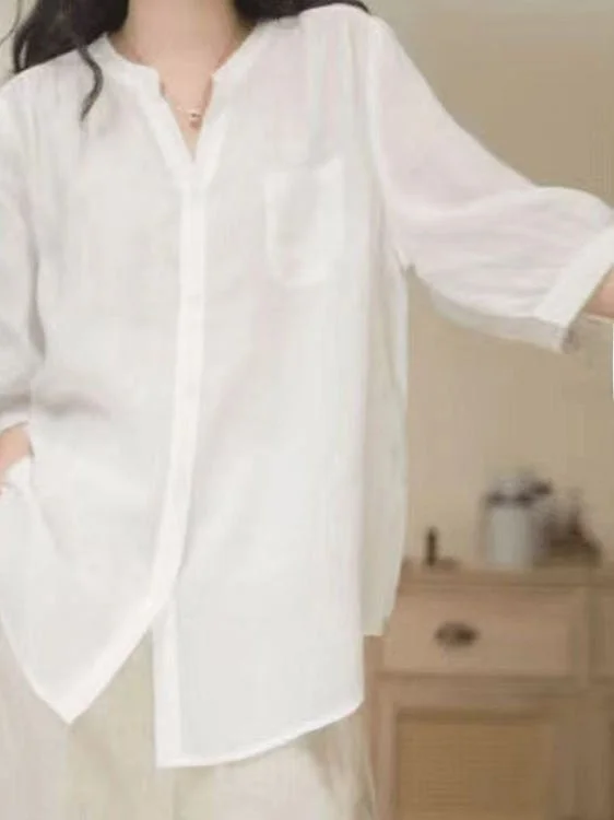 

Loose Large Size Women's irt Summer New Sle Pure Color V-Ne Linen irt Slimming Five-Quarter Sve Busin Casual