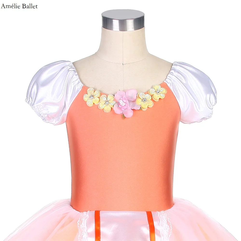 22081 Orange Spandex Bodice with Small Flower Applique Decoration Romantic Length Tutu for Girls & Women Performance Dress