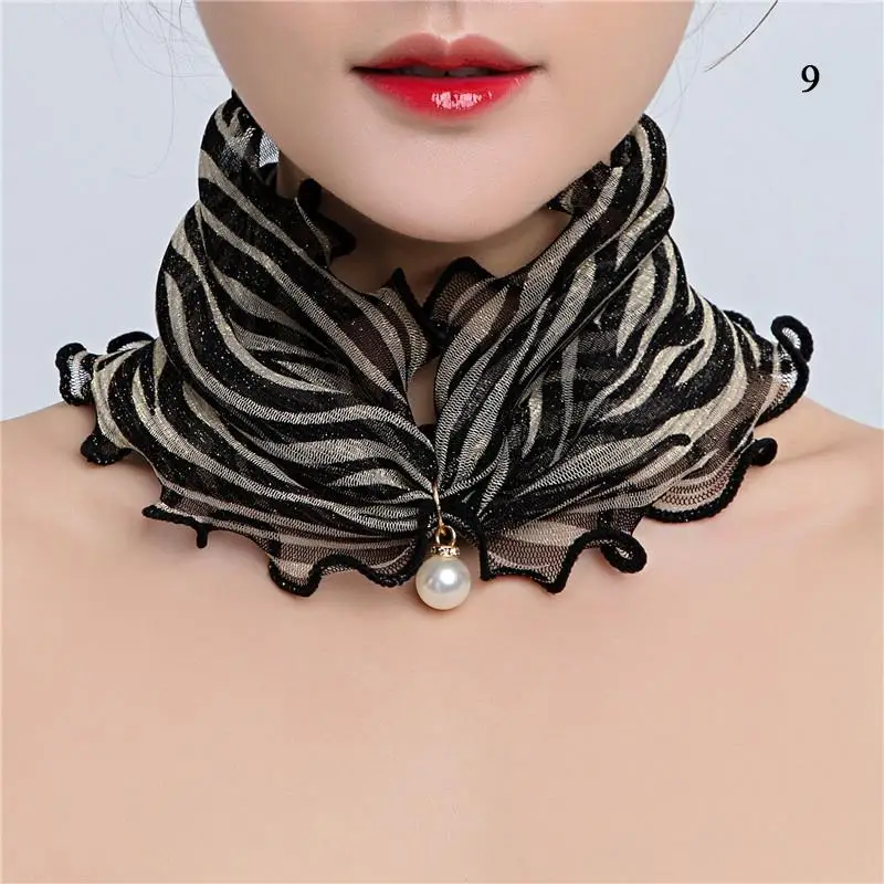 Fashion Print Neck Collar For Women Fake Pearl Pendant Organza Lace Scarf Ruffle Lace Scarf Chiffon Scarves Bandana Headband