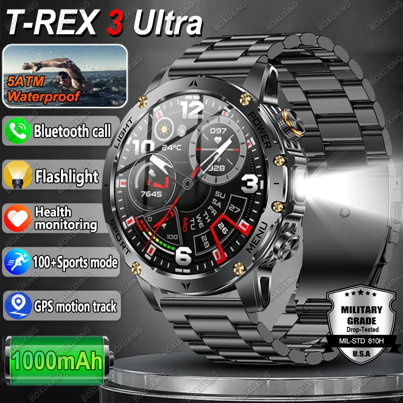 

Military Grade New 1000mAh Battery T-Rex 3 Outdoor Smart Watch Men 5ATM Waterproof HD AMOLED Bluetooth Call 100+Sports Watch New