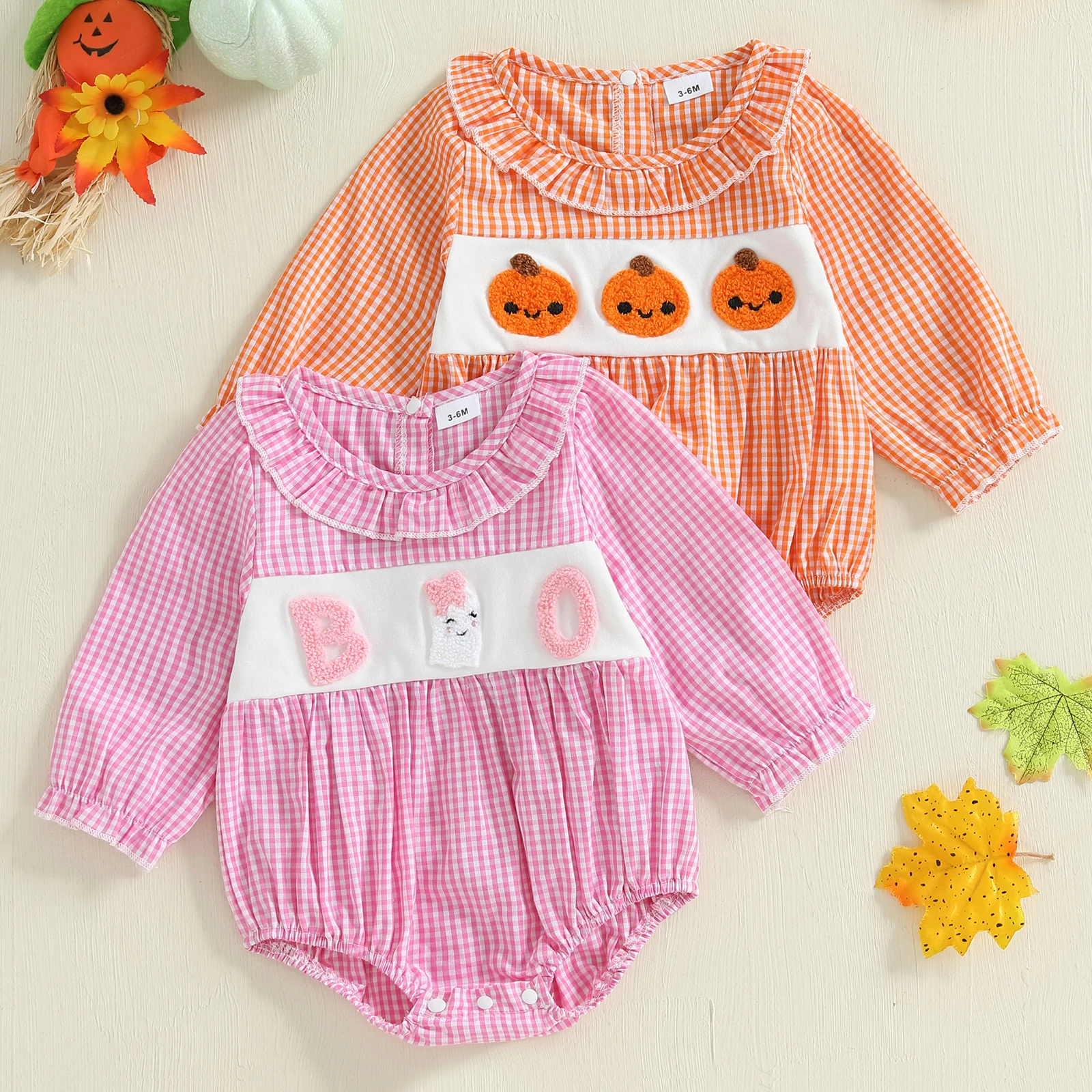 

2025-05-06 Lioraitiin Baby Girl Halloween Plaid Romper Pumpkin Embroidery Long Sleeve Ruffled Round Neck Bubble Jumpsuit