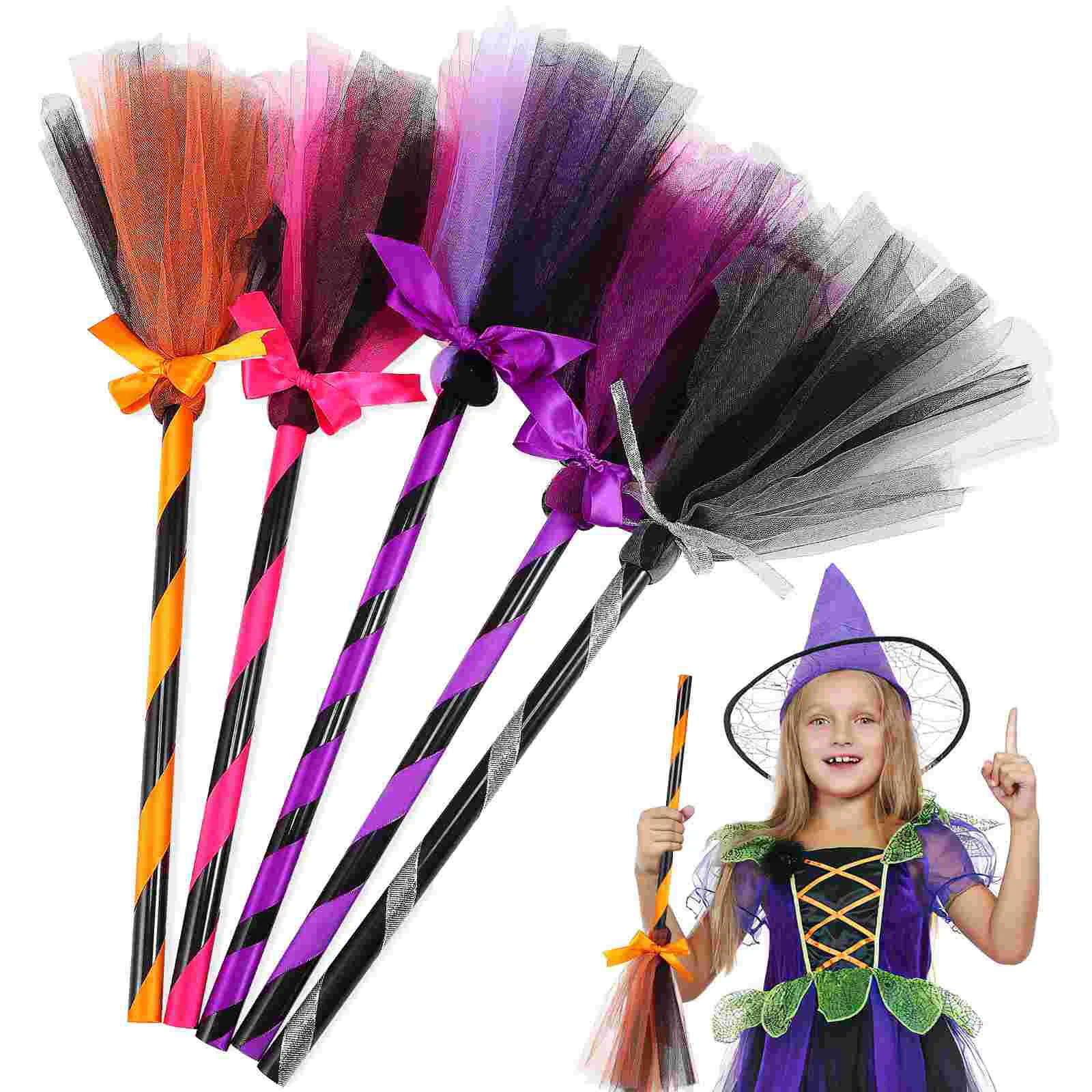 

5 Pcs Witch Broom Fancy Decorative Broomstick Cosplay Halloween Decorations Prop Toy Plastic Costume Party