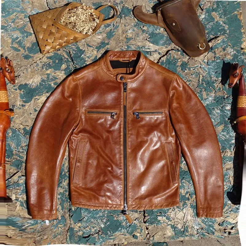 Vintage Brown Autumn Leather Jacket Men American Retro Style Plus Size 3XL Genuine Natural Cowhide Slim Fit Leather Coat