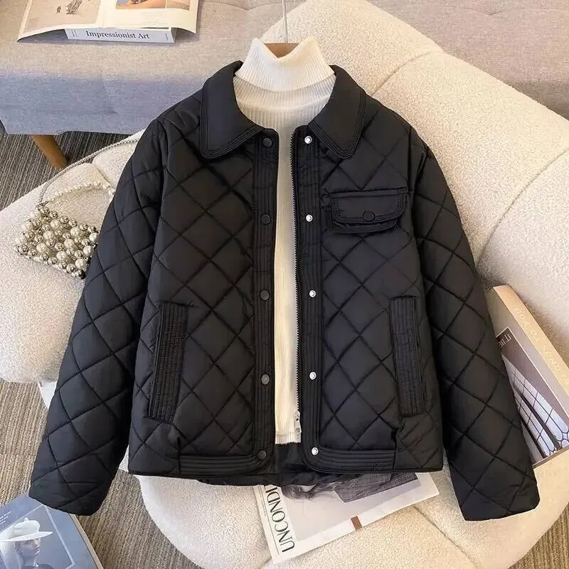 Krótka, lekka kurtka puchowa na jesień i zimę, elegancka, w stylu małej perfumowanej odzieży, nowa odzież bawełniana, modny kołnierz wykładany.
