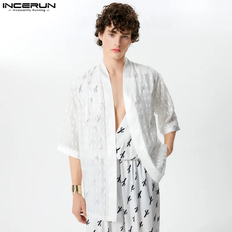 

INCERUN Men Shirt Jacquard Stand Collar Half Sleeve Open Stitch Casual Male Cardigan Streetwear Transparent 2024 Men Clothing