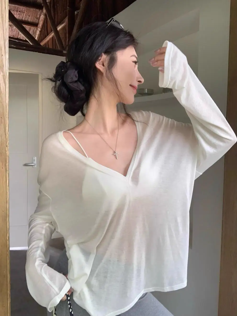 Thin Perspective Long Sleeved T-shirt for Women's Summer Loose Casual Korean Base Sun Protection Cover Up Top for Women