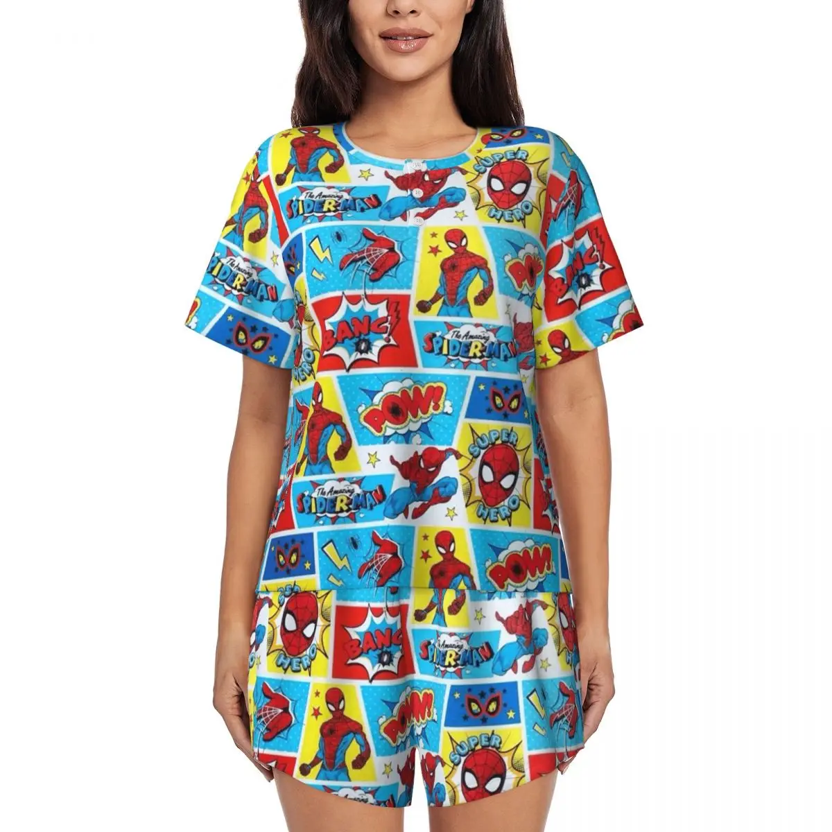 

Custom Spider Man Cartoon Animated Superhero Pajamas Set for Women 2 Piece Short Sleeve Sleepwear Loungewear PJS Shorts Sets