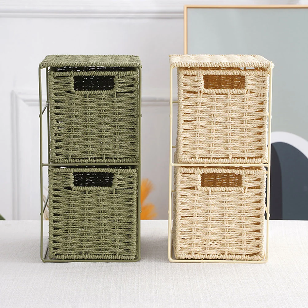 Storage Baskets Rattan Double Layer Organizer Container Box Sundries Dual-layer Drawer Type Khaki Home