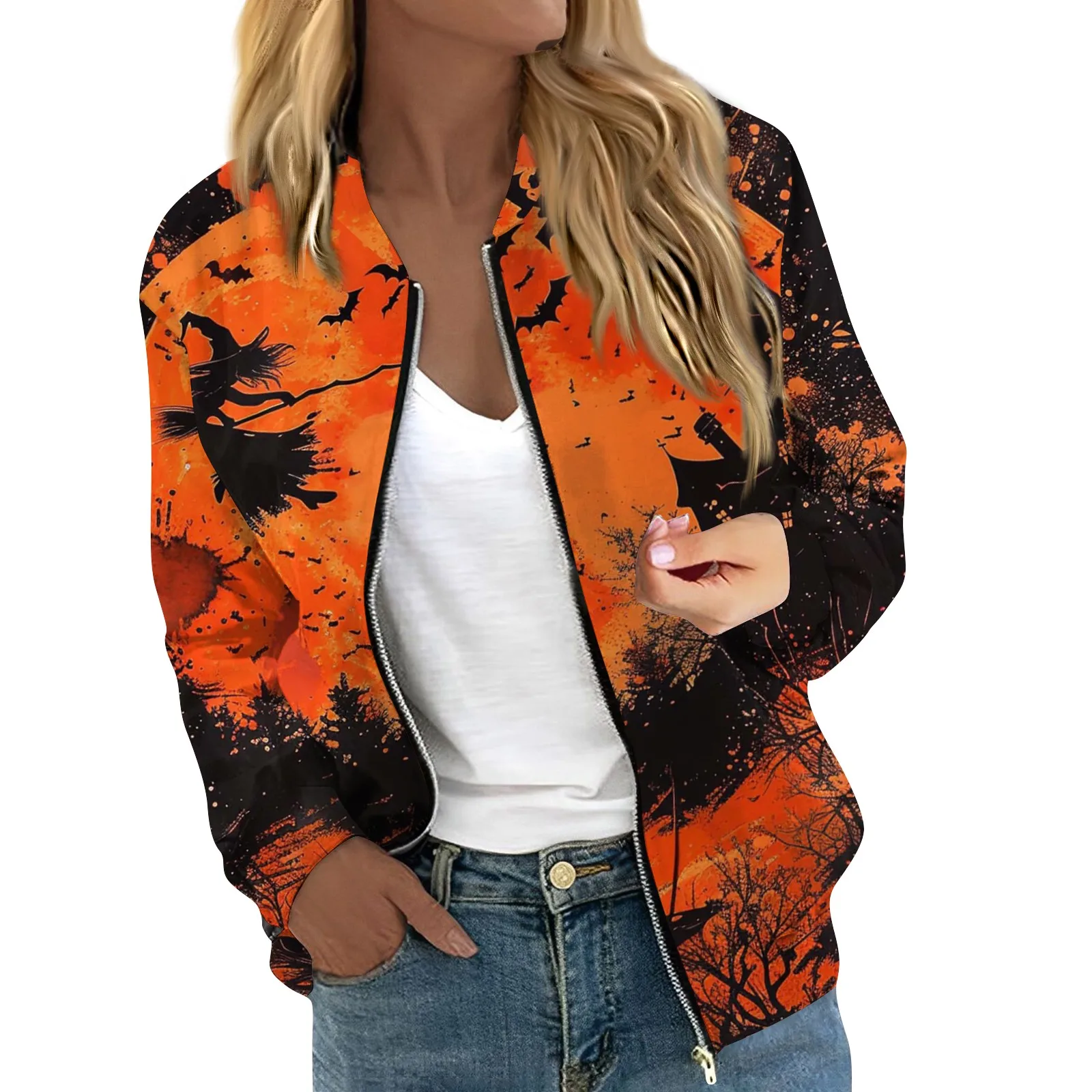 Women\'s Halloween Print Jacket Fashion Casual Long Sleeve O-Neck Zipper Jackets Top Fall all-match coat Women\'s autumn clothes