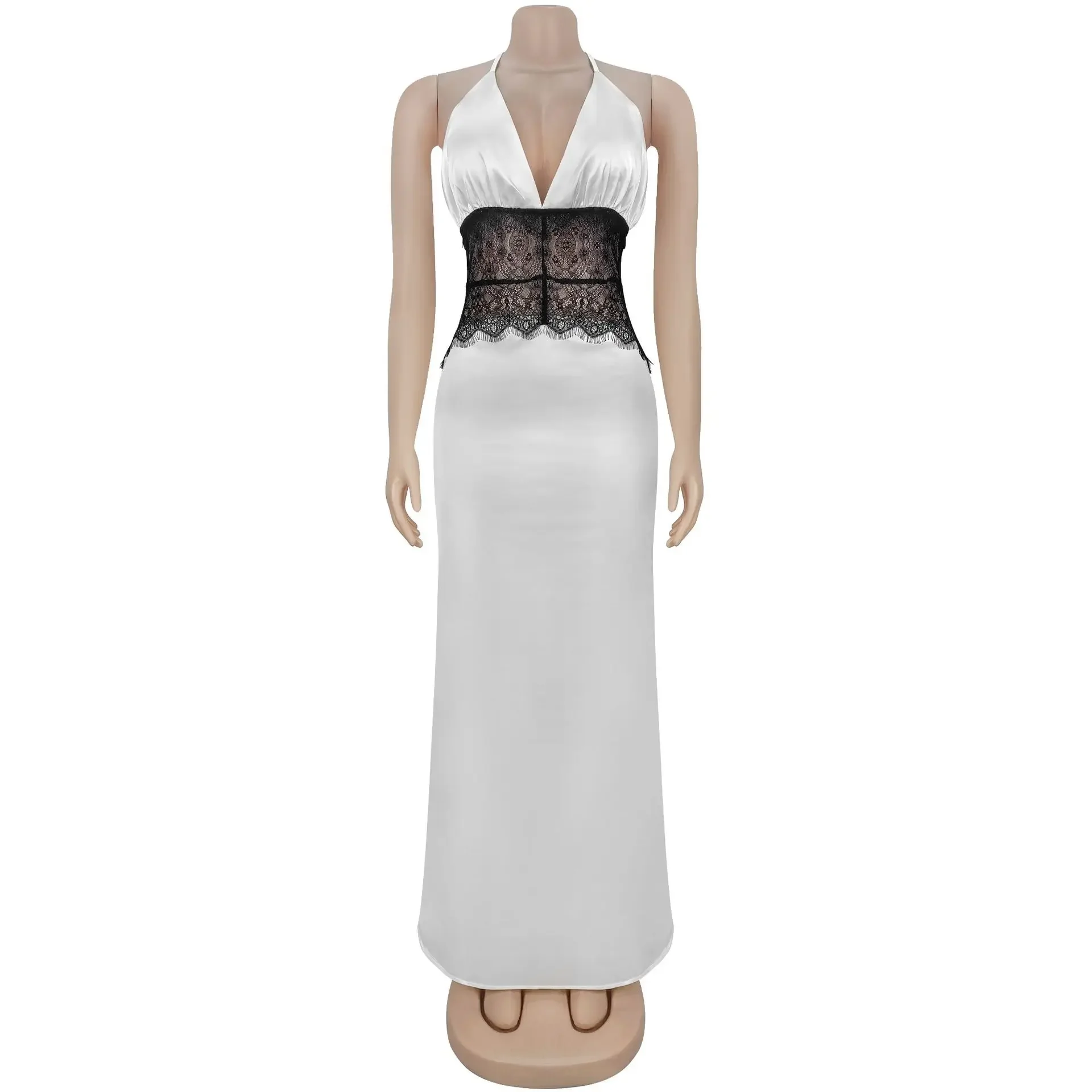 المرأة بلا أكمام الدانتيل الرسن الخامس الرقبة Bodycon ماكسي فستان طويل 2025 خريف مثير الشارع حفلة عيد ميلاد مساء فساتين عصرية