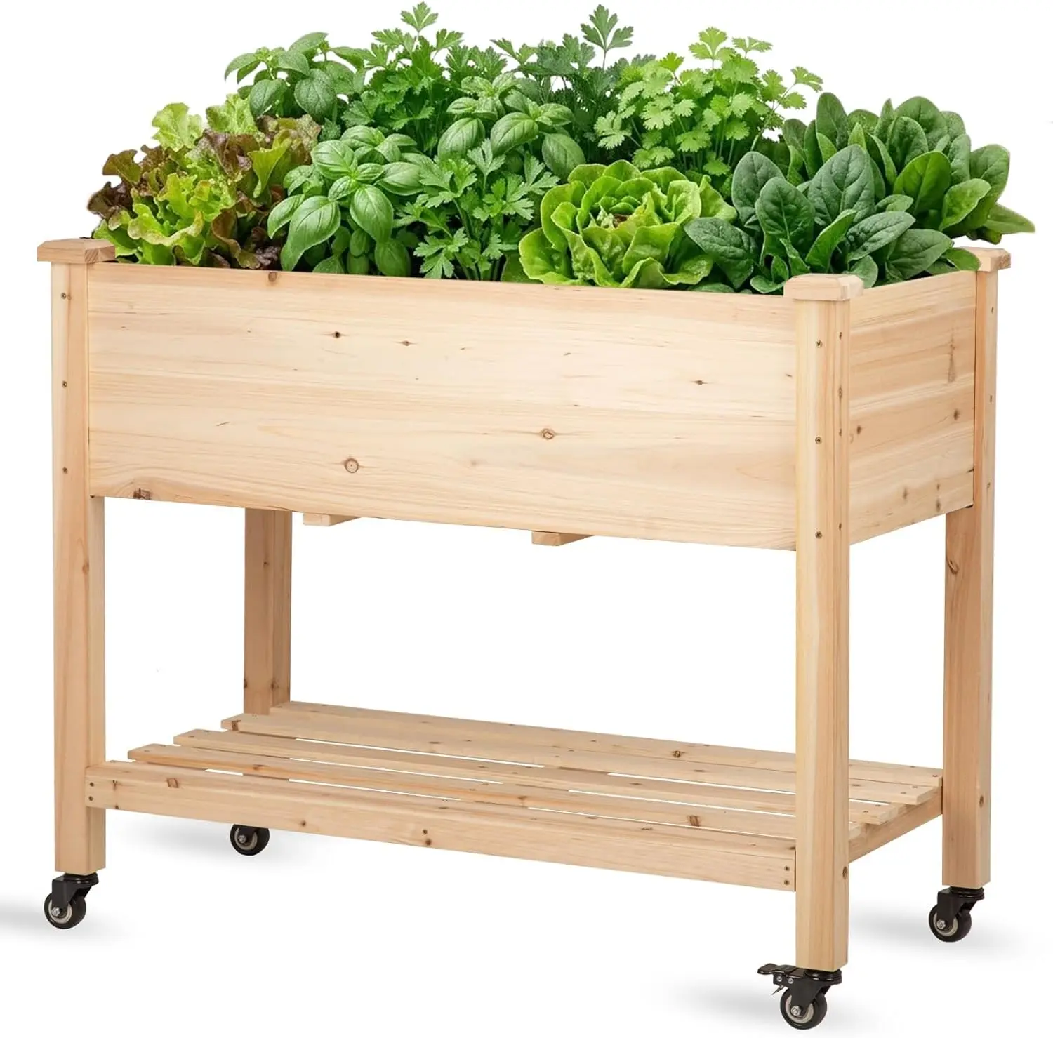 

Raised Garden Bed with Lockable Wheels, 40x24x32 inch Elevated Wood Planter with Storage Shelf Protective Liner for Vege