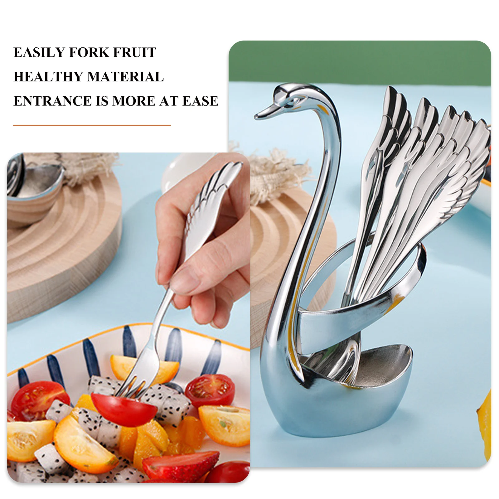 

1Set Swan Spoon Holder Creative Dinnerware Set Stainless Steel 6 Fruit Forks Flatware for Kitchen Dining Swan Cutlery Holder
