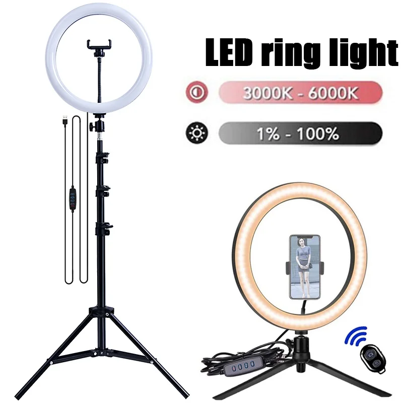 Lumière LED pour Selfie 16/26/33cm, lumières de photographie avec trépied, télécommande Bluetooth, anneau lumineux à intensité variable pour vidéo, lampe de remplissage en direct