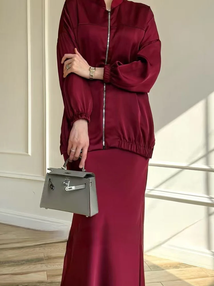 우아한 여성용 솔리드 슬림 투피스 세트 패션 하이웨이스트 스커트 세트 캐주얼 스탠드 칼라 긴팔 지퍼 코트&하프 스커트 세트