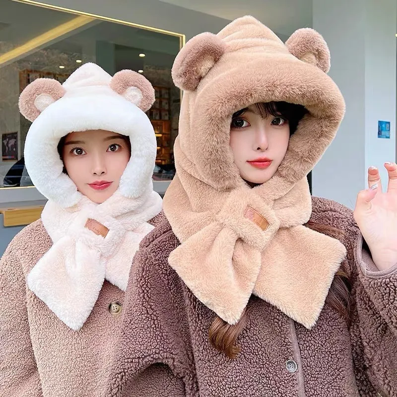 Women Cute Bear 2 in 1 Hat Scarf Set Winter Thick Warm Earflap Windproof Cycling Outdoor Cap