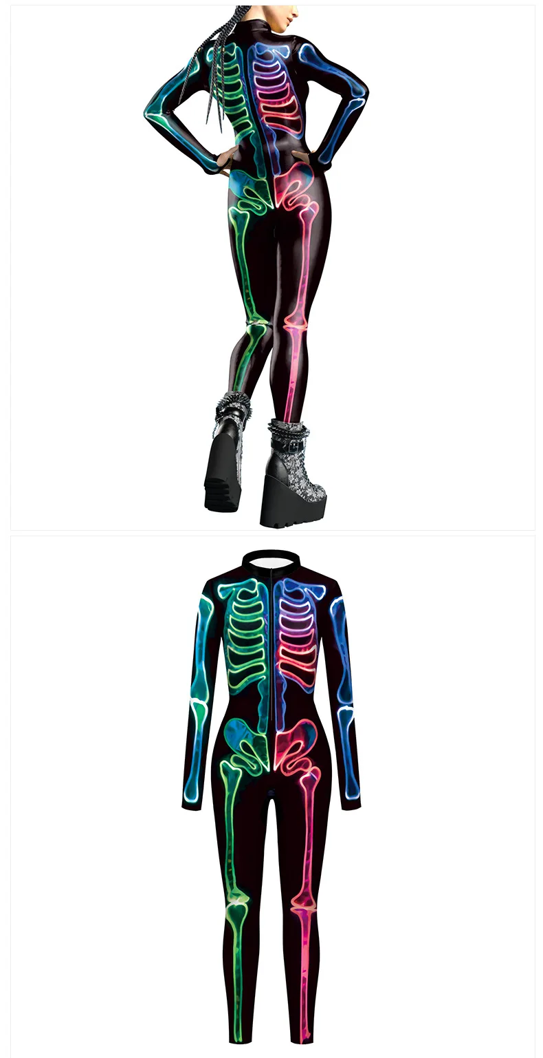 Karneval Halloween Party Fluoreszierender Skelett-Druck Damen Sexy Jumpsuit Cosplay Kostüme Ausgefallener Totenkopf-Bodysuit Mujer 2026 – Detail 15