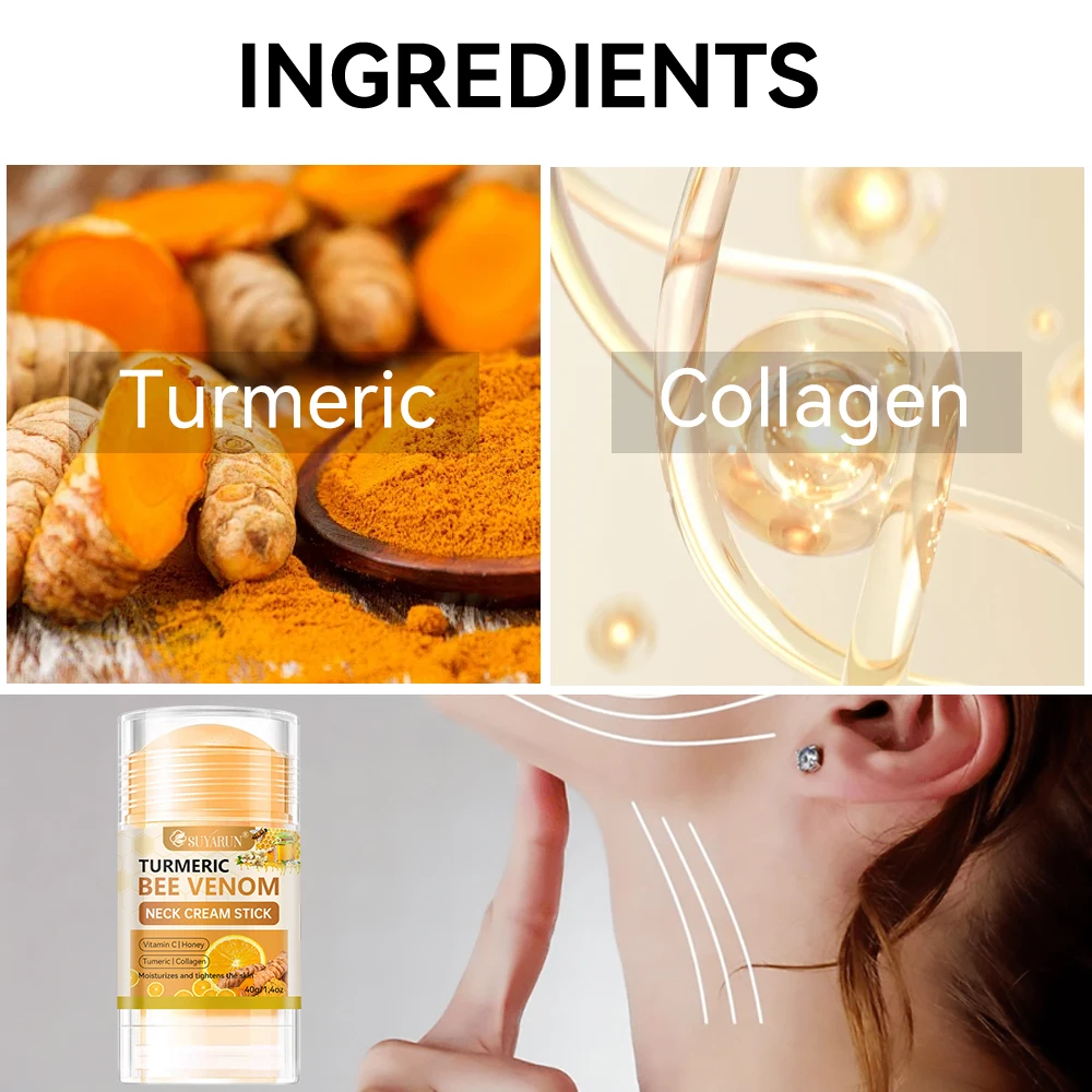 عصا كريم للرقبة على شكل سم النحل الكركم من SUYARUN - شد البشرة المضادة للشيخوخة، تقليل التجاعيد، مرطب محمول لجميع الأشخاص.